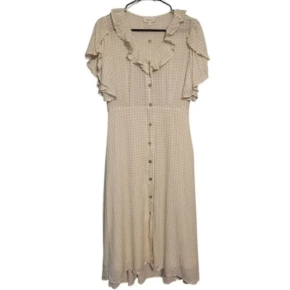 Bohme Ruffle Neck Polka Dot Flutter Sleeve Button Front Boho Midi Dress, L NEW - Picture 2 of 16